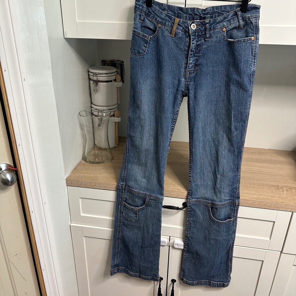 Vintage Y2K Karl Kani Flare Jeans Womens 28 Blue Knee Pocket Utility Streetwear - Picture 2 of 16